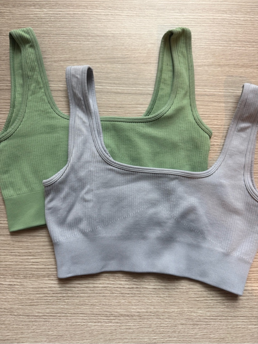 Amazon Ribbed Scoop Sports Bra Set in Light Gray and Sage Green